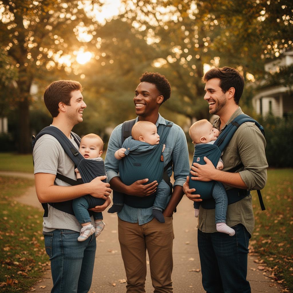 Three dads with babies in carriers chatting on a sunlit path.