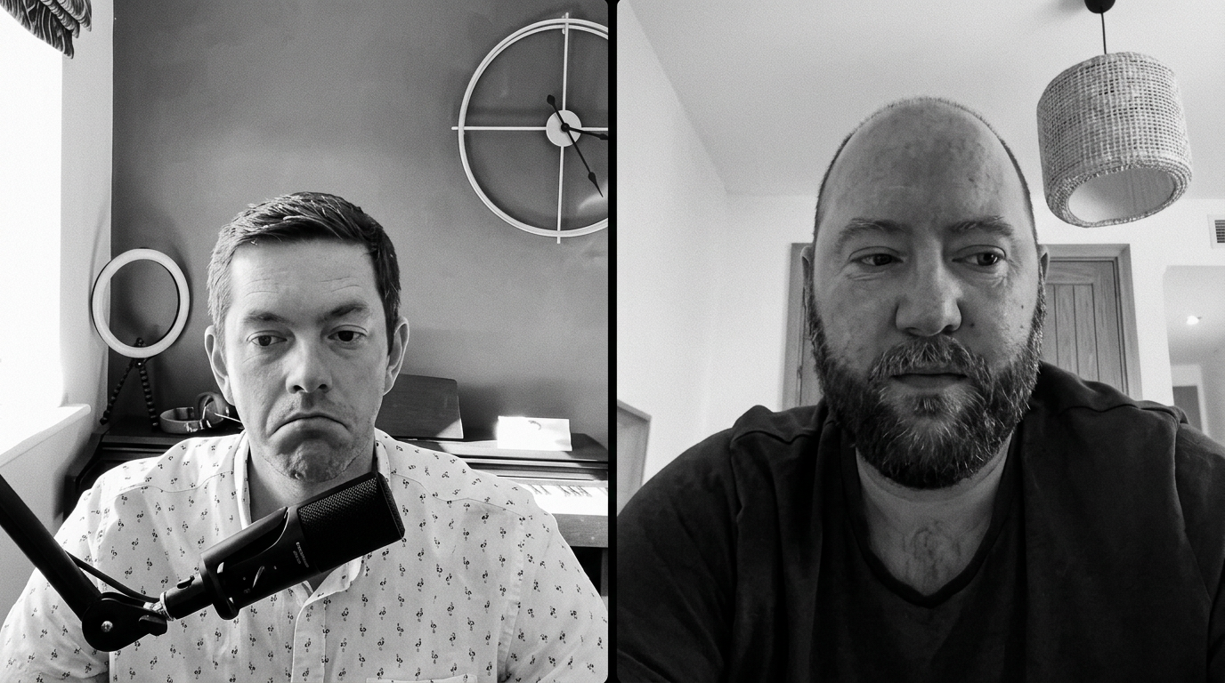 Two dads connecting on a video call, one with a podcast microphone.